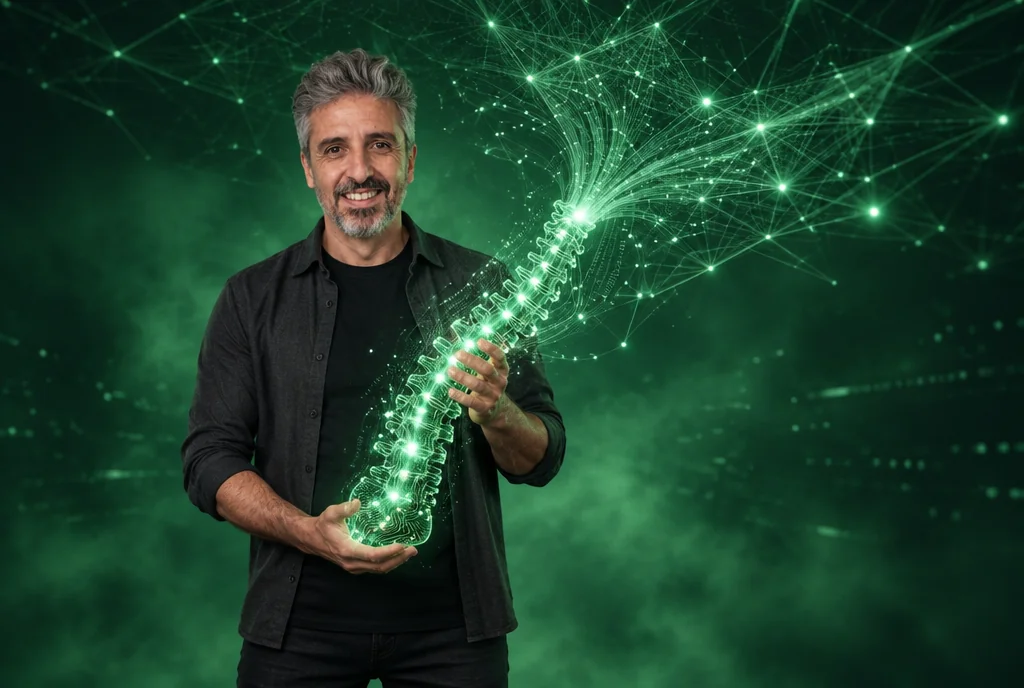 Bernard Fricaud hält ein leuchtendes digitales Rückgrat, Sinnbild für die IT-Infrastruktur eines Unternehmens