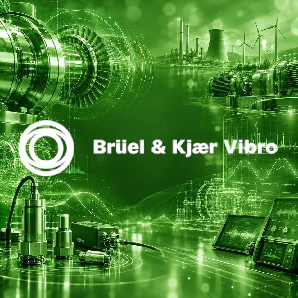 Projekt Brüel & Kjær Vibro: Turbinen, Schwingungssensoren und Messdaten in Grün mit Brüel-&-Kjær-Vibro-Logo