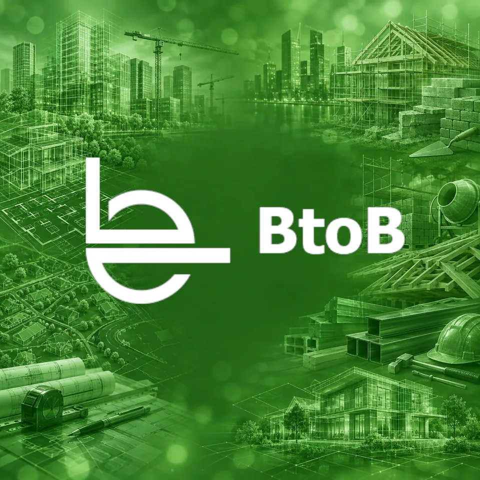 Projekt btob-bau.de: Baustellen, Baupläne und Gebäude in Grün mit BtoB-Logo