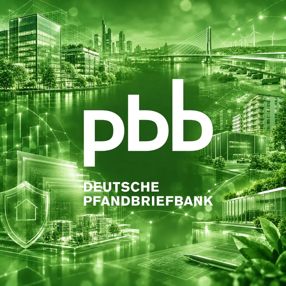 Projekt pbb Deutsche Pfandbriefbank: Gewerbeimmobilien, Skyline und Logistikflächen in Grün mit pbb-Logo