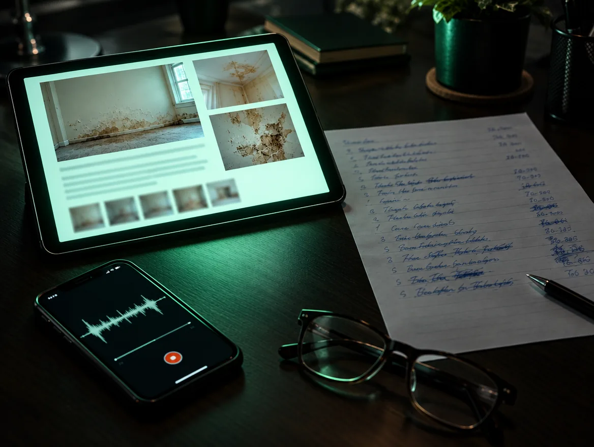 Tablet mit Schadenfotos, Handwerkerangebot mit Korrekturen und Diktat auf dem Smartphone